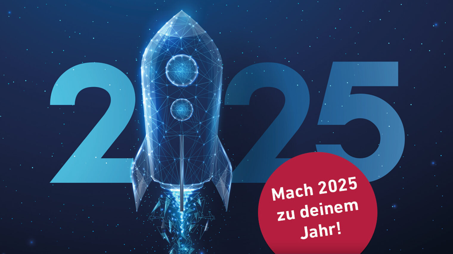 Zahl 2025 mit Rakete auf blauem Hintergrund