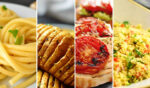 Frische Nudel-, Brot- und Gemüsegerichte als Bildcollage für das Verpflegungsangebot der BBT Mensa