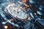 Analoge Uhr mit digitalen Netzwerkelementen und Lichtverbindungen auf dunklem Hintergrund.