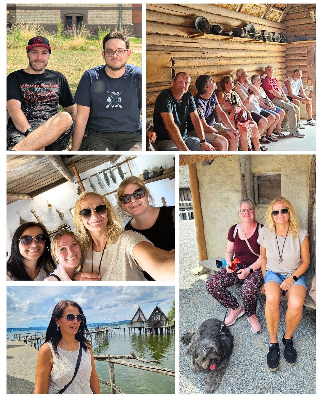 Fotocollage von der Besichtigung der Pfahlbauten in Unteruhldingen mit Teilnehmenden des BBT-Betriebsausflugs