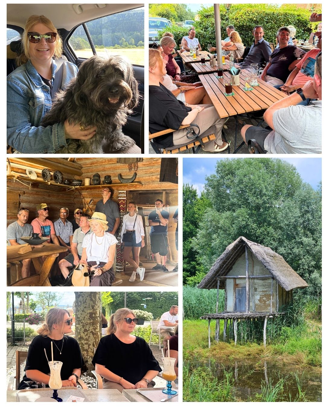 Fotocollage vom BBT-Betriebsausflug mit Biergarten, Pfahlbau-Führung und einem Pfahlbauhaus am Bodensee