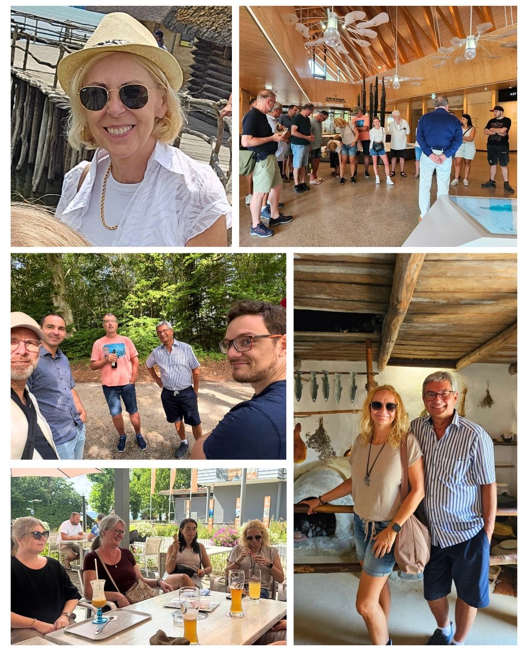 Fotocollage vom BBT-Betriebsausflug mit Museumsbesuch, Waldspaziergang und Pfahlbauhaus-Innenraum