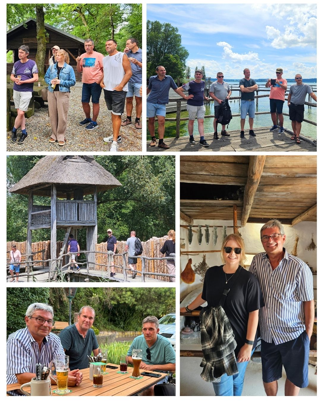 Fotocollage vom BBT-Betriebsausflug mit Aussichtsturm, Bodenseeufer und gemeinsamem Ausklang bei Getränken