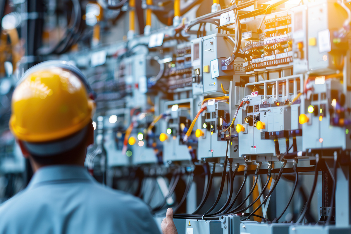 Person vor einer elektrischen Schaltanlage mit mehreren Steuerungs- und Schutzeinrichtungen in einer Industrieanlage.