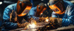 Drei Personen mit Schweißhelmen bearbeiten Metallbauteile, während beim Schweißen Funken entstehen.